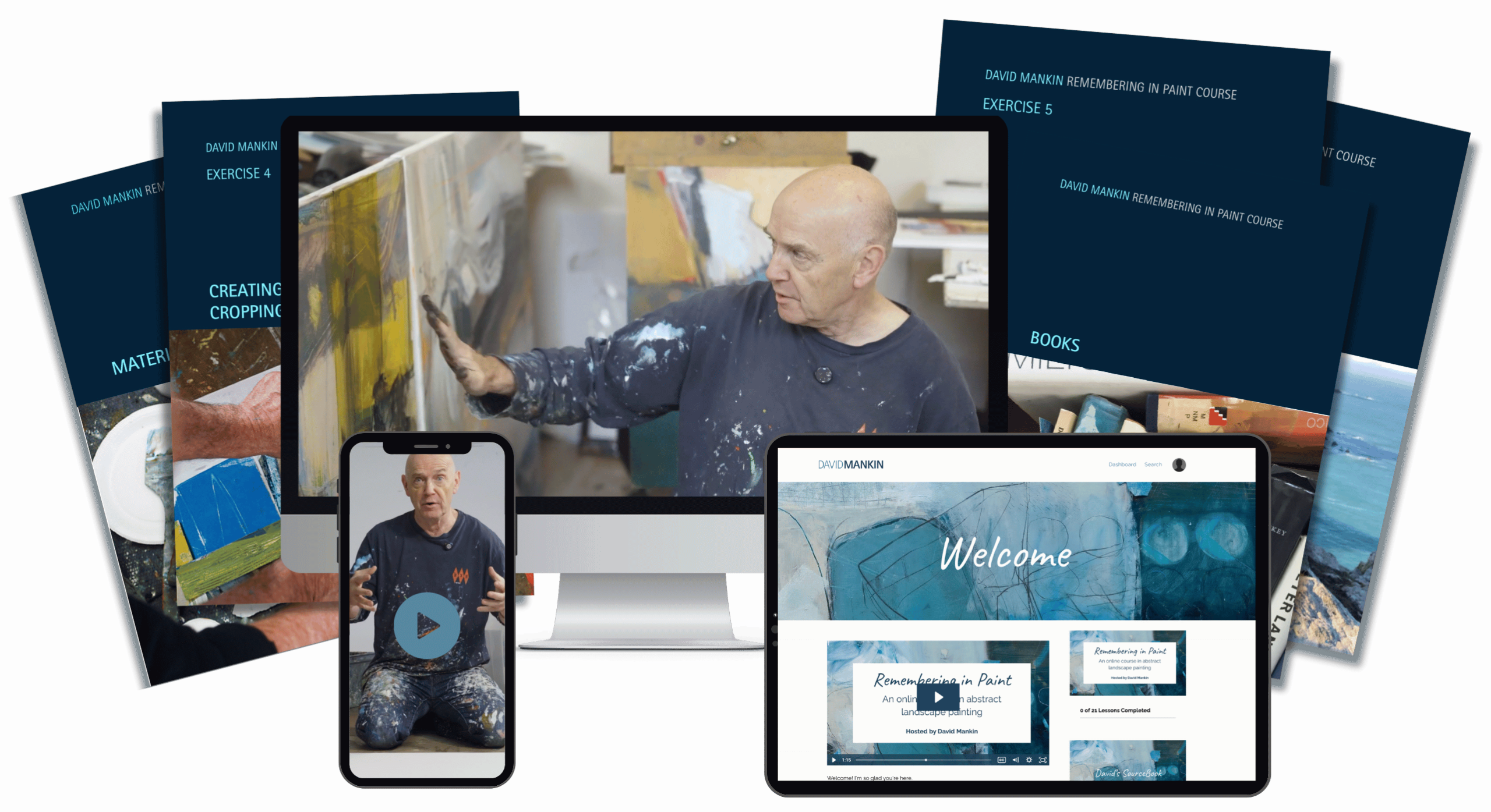 Mockup showcasing David’s “Remembering in Paint” course across desktop, tablet, and mobile, featuring video lessons and downloadable art resources.