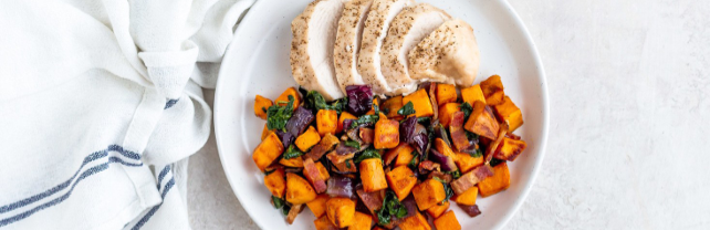 Baked Chicken with Sweet Potato Bacon Hash