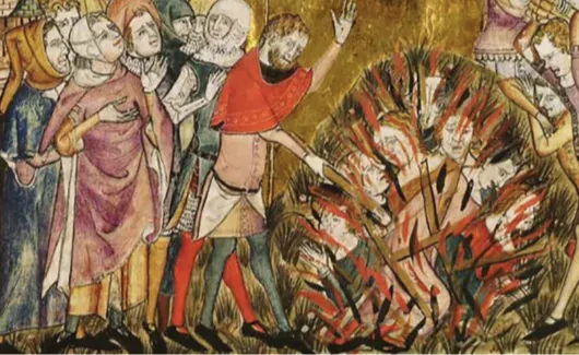 Schilderij waarin de Joodse gemeenschap wordt verbrand tijdens de Zwarte Dood