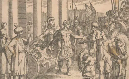 Afbeelding van Alexander de Grote die de Gordiaanse knoop doorsnijdt