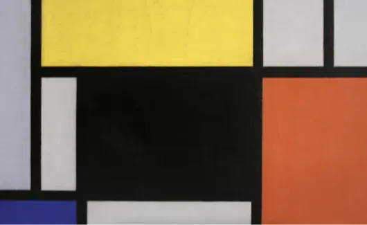 Compositie met rood, geel, zwart, blauw en grijs van Piet Mondriaan
