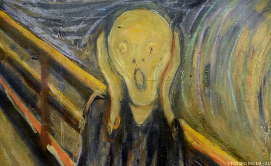 Compositie met rood, geel, zwart, blauw en grijs van Piet Mondriaan