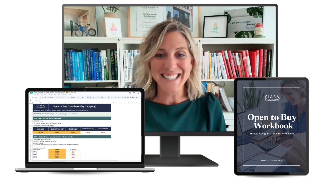 mockup of Ciara Stockeland's Open to Buy Workshop shows desktop monitor, laptop with spreadsheet open, and tablet showing workbook