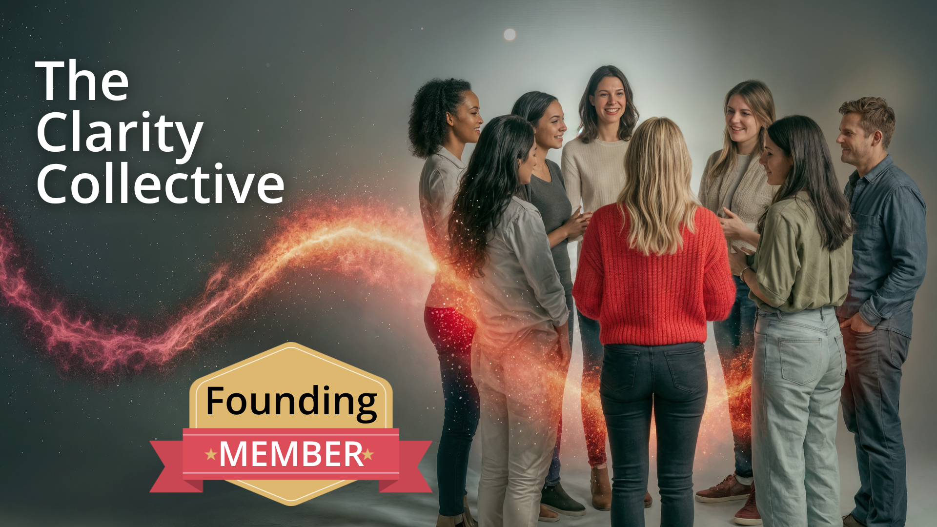 eight individuals standing in a circle smiling and interacting with each other