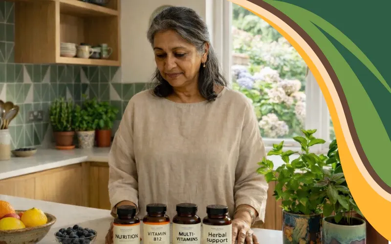 South Asian woman in her early 60s standing in a bright, sunlit kitchen, thoughtfully looking at four supplement bottles labeled Nutrition, Vitamin B12, Multi-vitamins, and Herbal Support on a clean countertop. Fresh citrus, berries, and potted herbs sit nearby, creating a calm, natural scene focused on thoughtful wellness choices and real food.