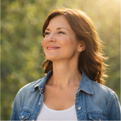 Karin Arigoni in der Natur mit Einkaufstasche