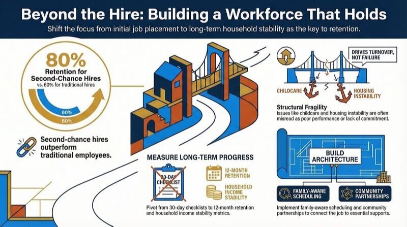 Beyond Second-Chance Hiring employer guide — 80% retention for second-chance hires, workforce stability metrics and household architecture