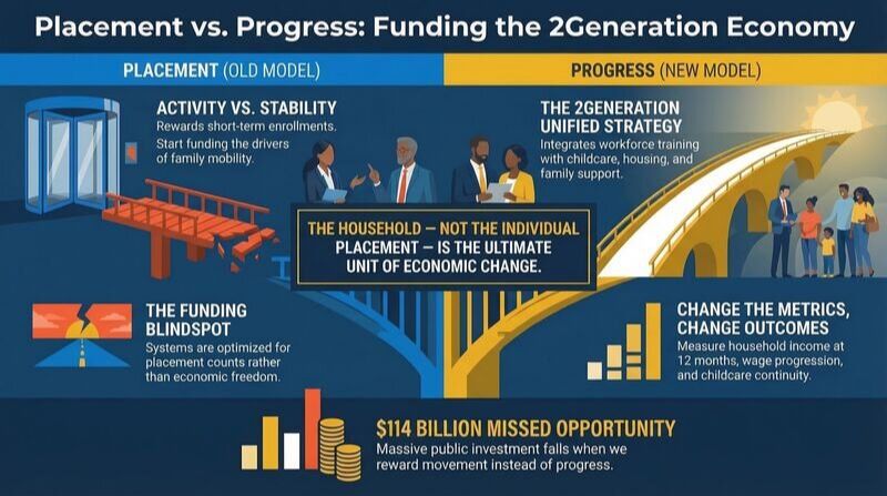 Funding the 2Generation Workforce Economy infographic — placement vs progress model, $114 billion missed opportunity in workforce investment
