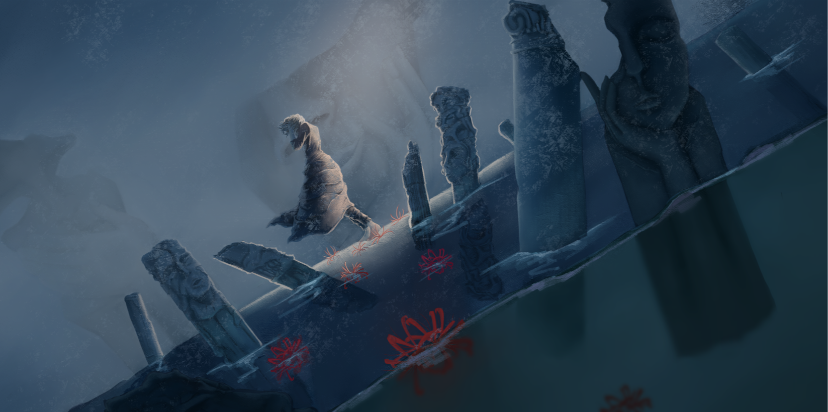 A man in the middle of a frozen waters, with faces looking at him