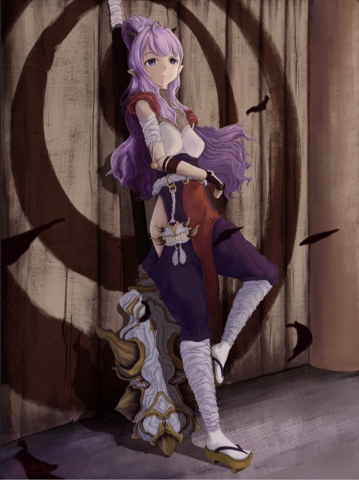A girl dressed as a ninja in a blood moon theme