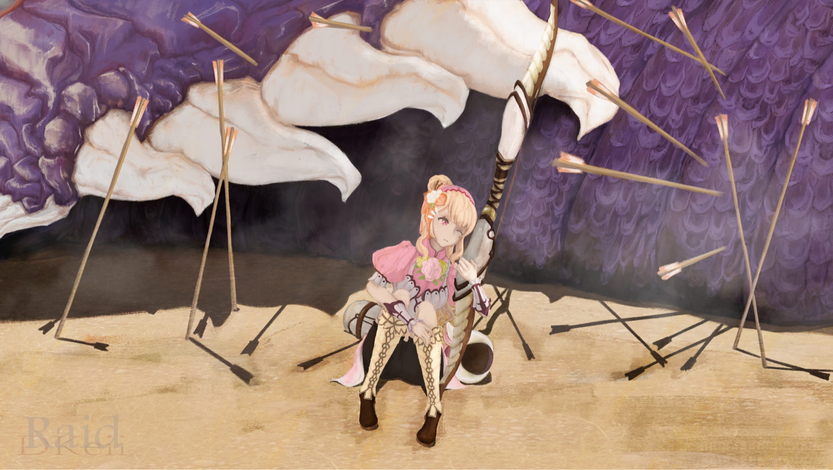 A girl sitting, dragon on her back