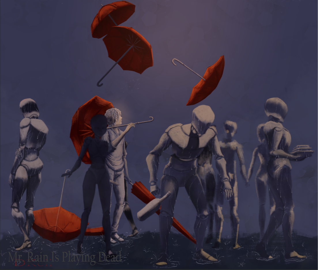 Man and mannequins, being drenched by a non-existent rain, with several umbrellas falling from the sky