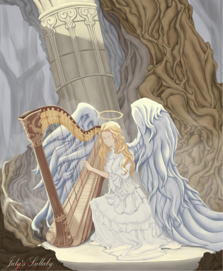 An angel with a harp, playing alone in a forest