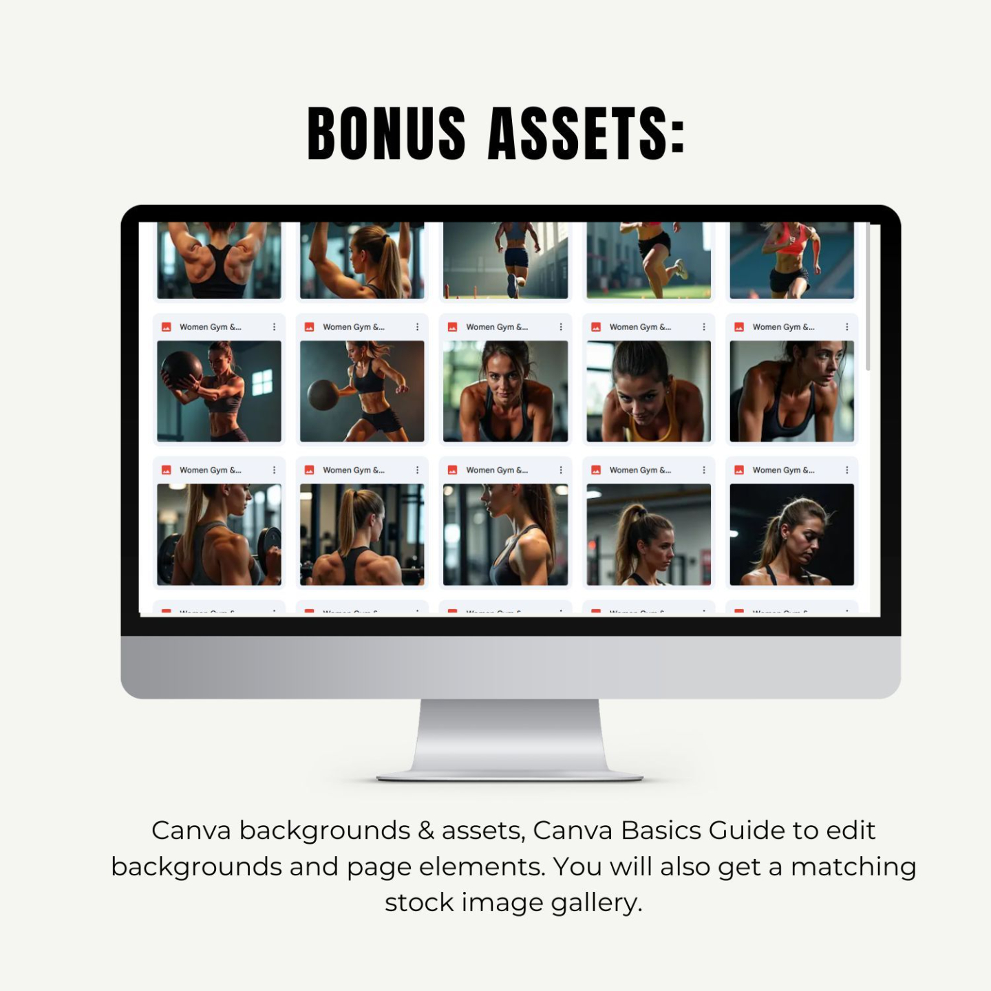 Kajabi sales page template bonus assets including Canva backgrounds, stock fitness images, and design resources for fitness coaches.