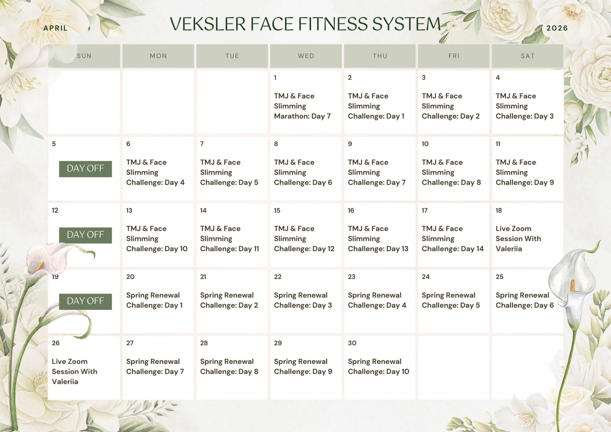 Veksler Face Fitness System TMJ & Face Slimming Calendar