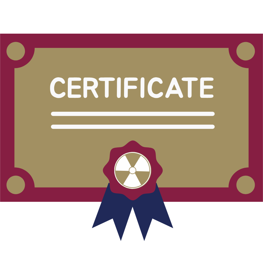 certificate award ribbon badge icon representing achievement or certification with a radiation symbol