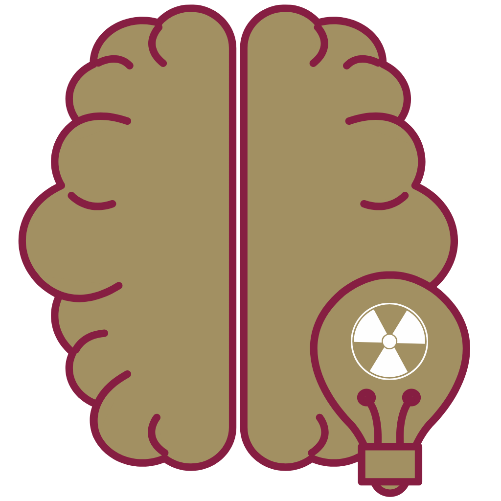 brain with lightbulb idea icon featuring radiation symbol inside bulb representing innovation or powerful thinking