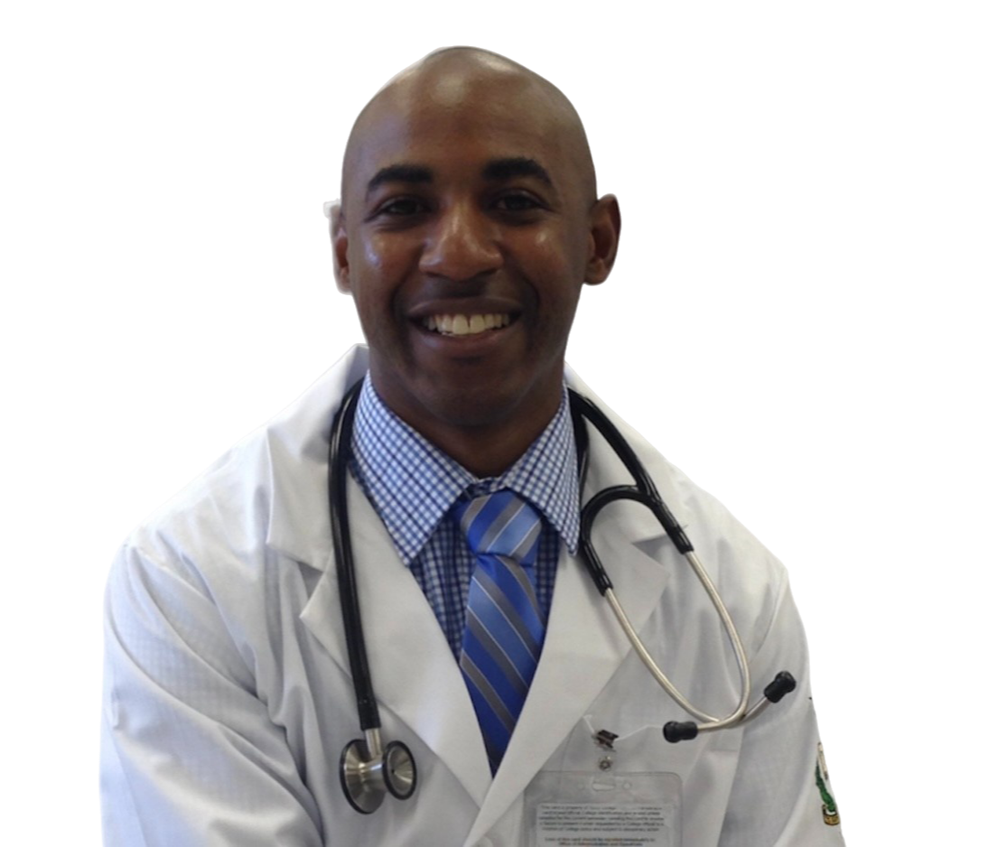 Dr Jason Spears in whitecoat and stethoscope