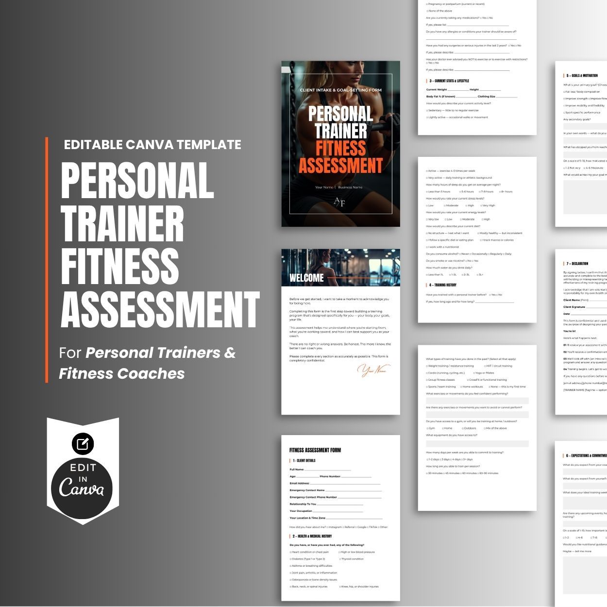 Personal trainer fitness assessment form template that can be edited in Canva