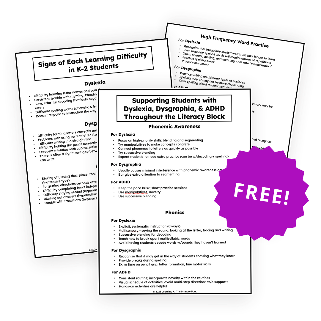 Three pages from the cheat sheets free download, including fact sheets on signs of early learning difficulties, support through the literacy block such as phonics, high frequency word practice, reading fluency, etc.