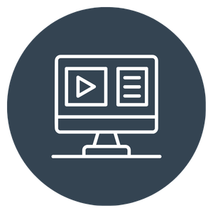 White line drawing of a computer monitor displaying a play button and text on a blue-gray background.