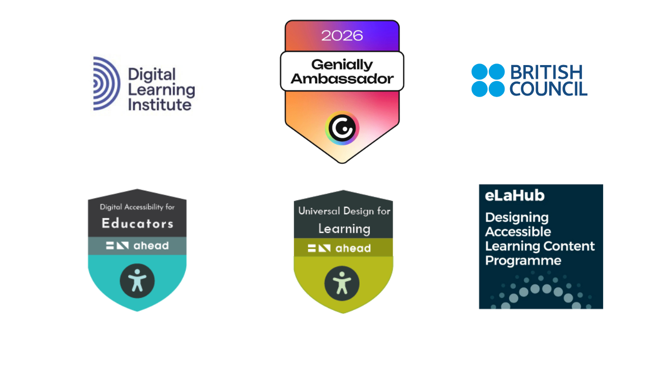Badges and logos from Genially, Digital Learning Isntitute, British Council, Universal Design for aLearning and ElaHub.