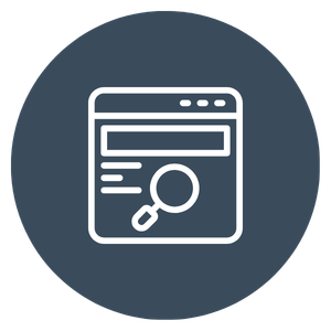 White outline of a web browser window with a search bar and magnifying glass icon on a dark blue-gray background.