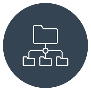 White outline of a hierarchical folder structure with one top folder connected to three subfolders, on a blue-gray background.