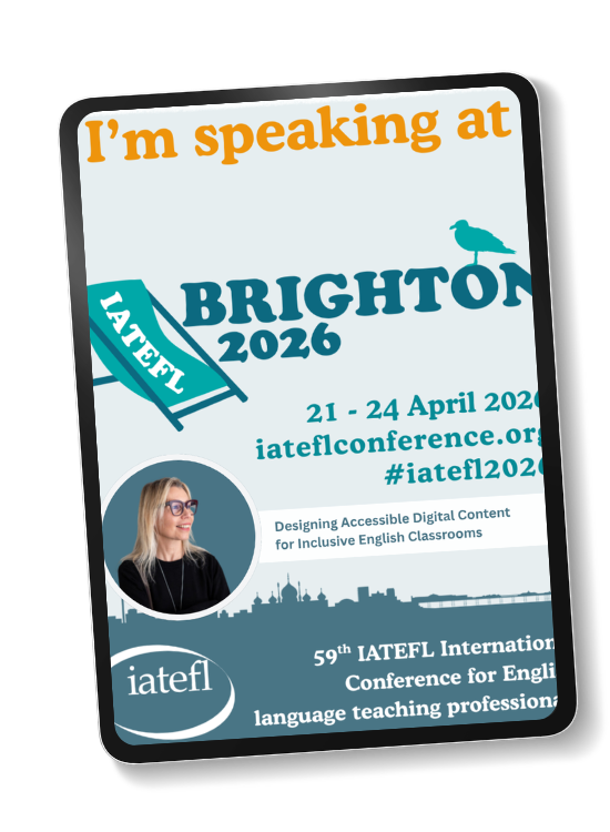 Tablet displaying a poster for the 59th IATEFL International Conference in Brighton 2026, featuring a speaker and details about a session on accessible digital content.