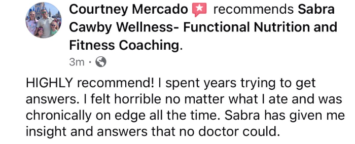 Client love for Sabra Cawby Women’s Hormone Health and Functional Nutrition
