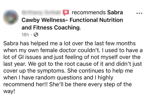 Client love for Sabra Cawby Women’s Hormone Health and Functional Nutrition
