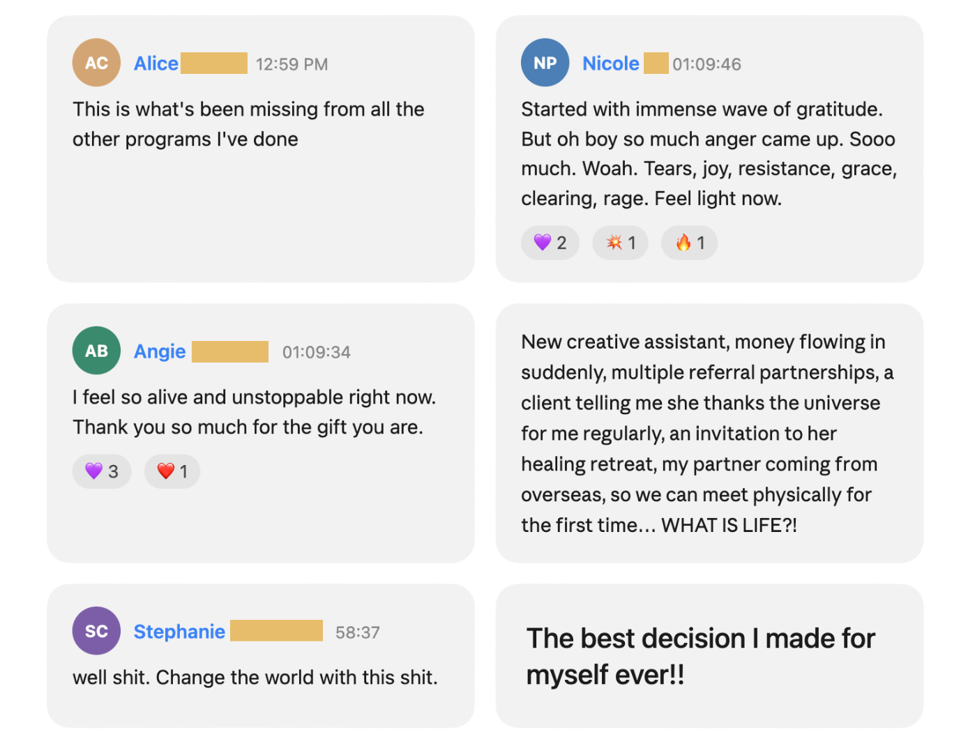 Screenshots of testimonials