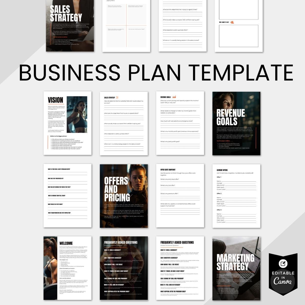 Personal trainer business plan template preview with editable Canva workbook pages for strategy, marketing, sales, and revenue planning