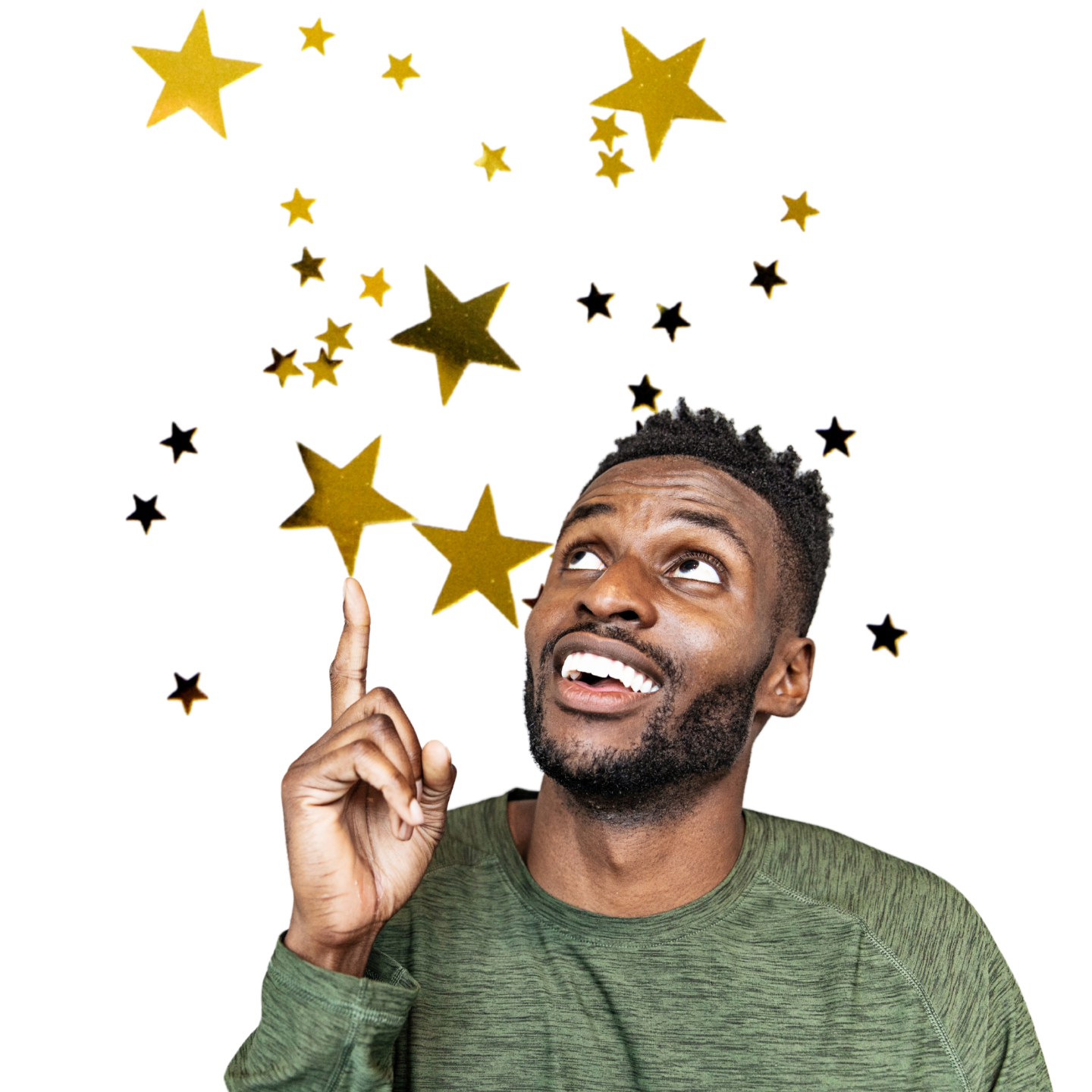 Man pointing up at a sky of gold stars — a high achiever tracking his accomplishments