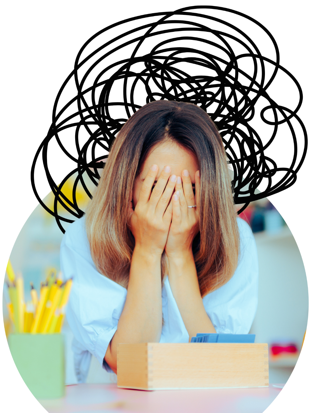 Overwhelmed woman with head in hands, surrounded by brain dumps and visual trackers — hands-on tools for cognitive overload, executive dysfunction, and daily overwhelm