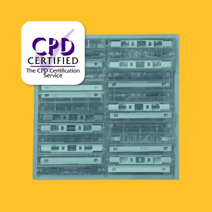 CPD certified logo over blue monochrome tapes on a yellow background