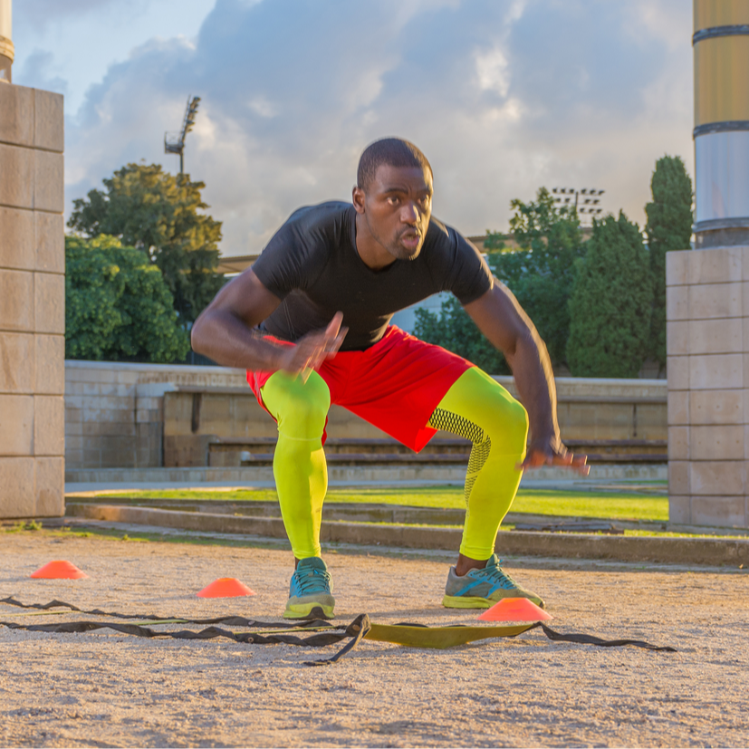 Athlete performing agility and return-to-sport training drills during sports rehabilitation session