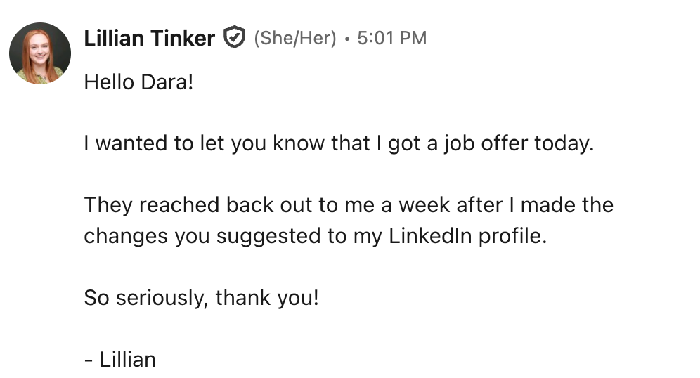 Client feedback from Lillian