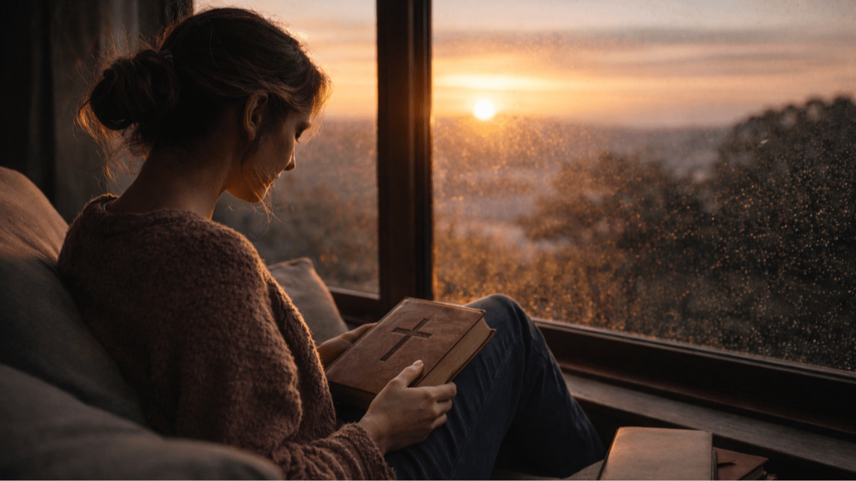 Person sitting by a window reading the Bible in soft light for encouragement during hard times
