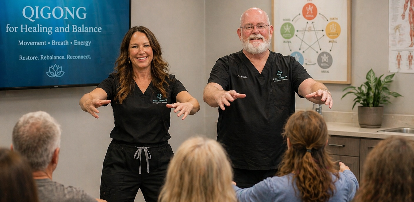 Drs. Chris Holder and Heather Wolf teaching qigong