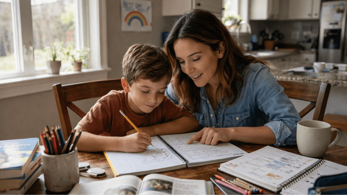 Parent homeschooling child at home with books and learning materials at a kitchen table