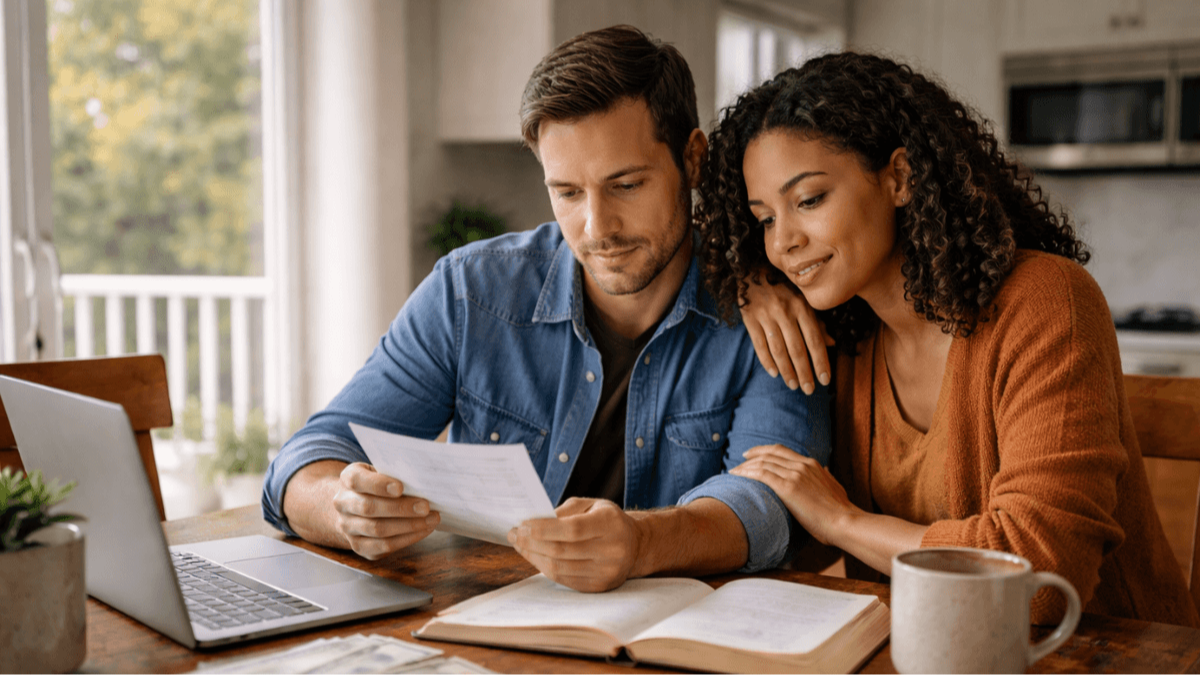 couple reviewing finances and studying the Bible at home to understand tithing
