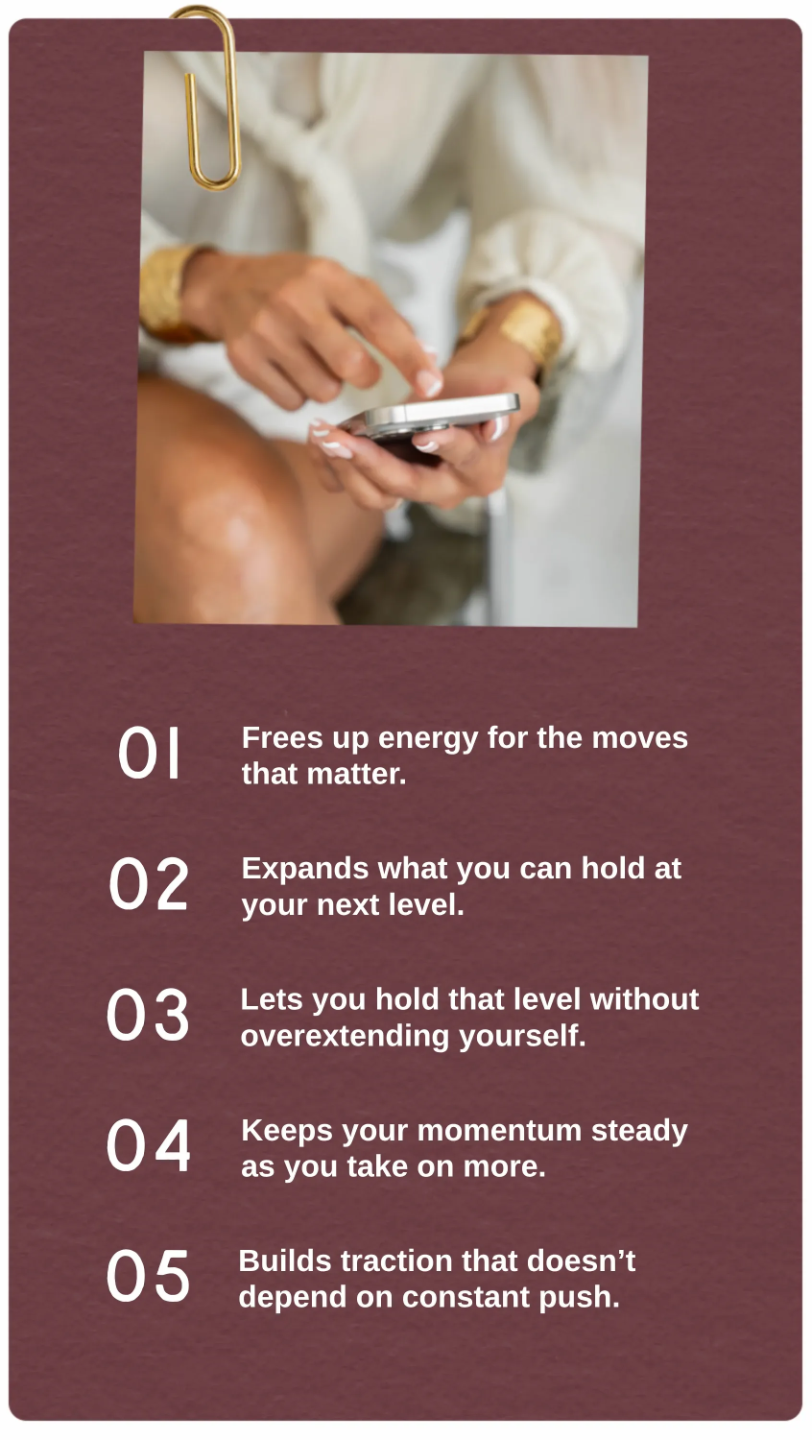 Breakthroughs Made Simple™ capacity recalibration system showing five benefits: freeing energy, expanding capacity, sustaining momentum, avoiding overextension, and building steady traction without constant push.