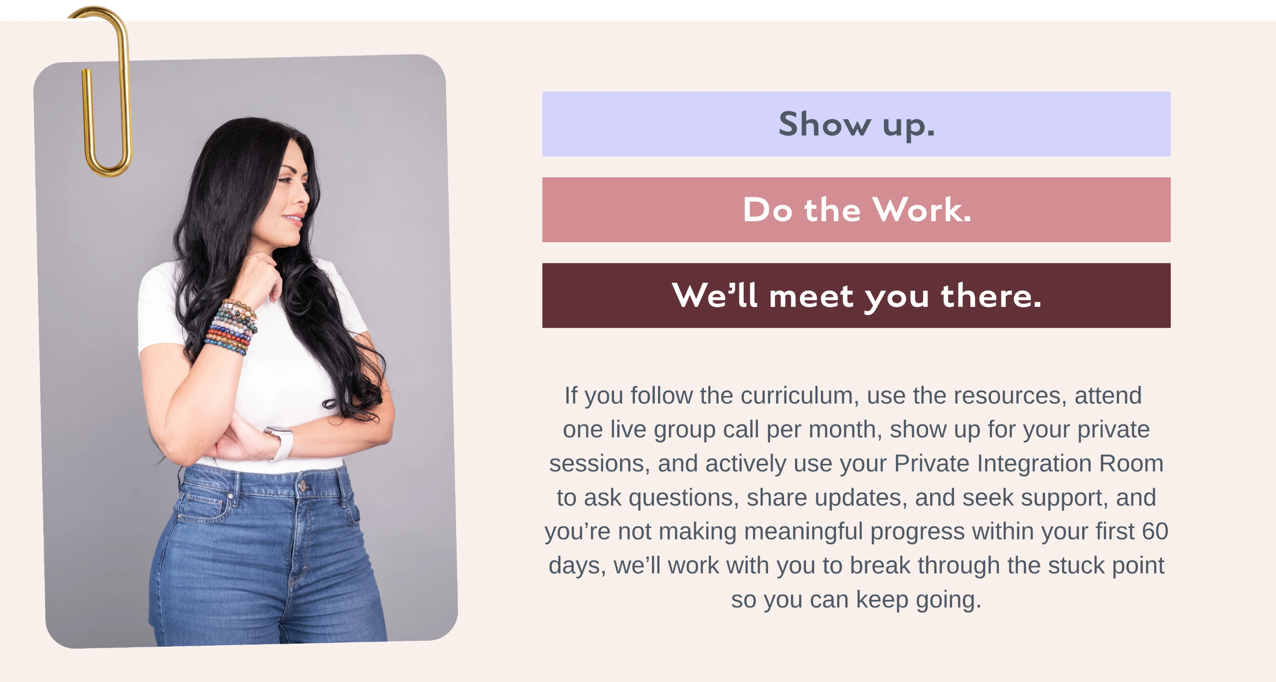 Results-with-responsibility guarantee section for Breakthroughs Made Simple™ featuring Brenda and key commitments: show up, do the work, and receive 60-day support if progress is not made.