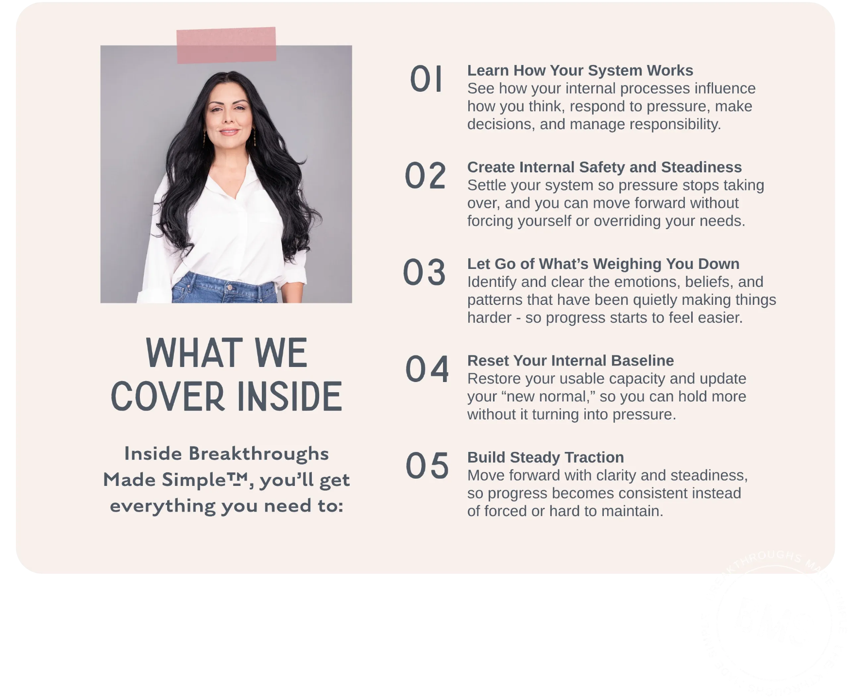 Breakthroughs Made Simple™ curriculum overview outlining five-step process: understanding your system, building internal safety, releasing emotional blocks, resetting capacity, and creating steady momentum.