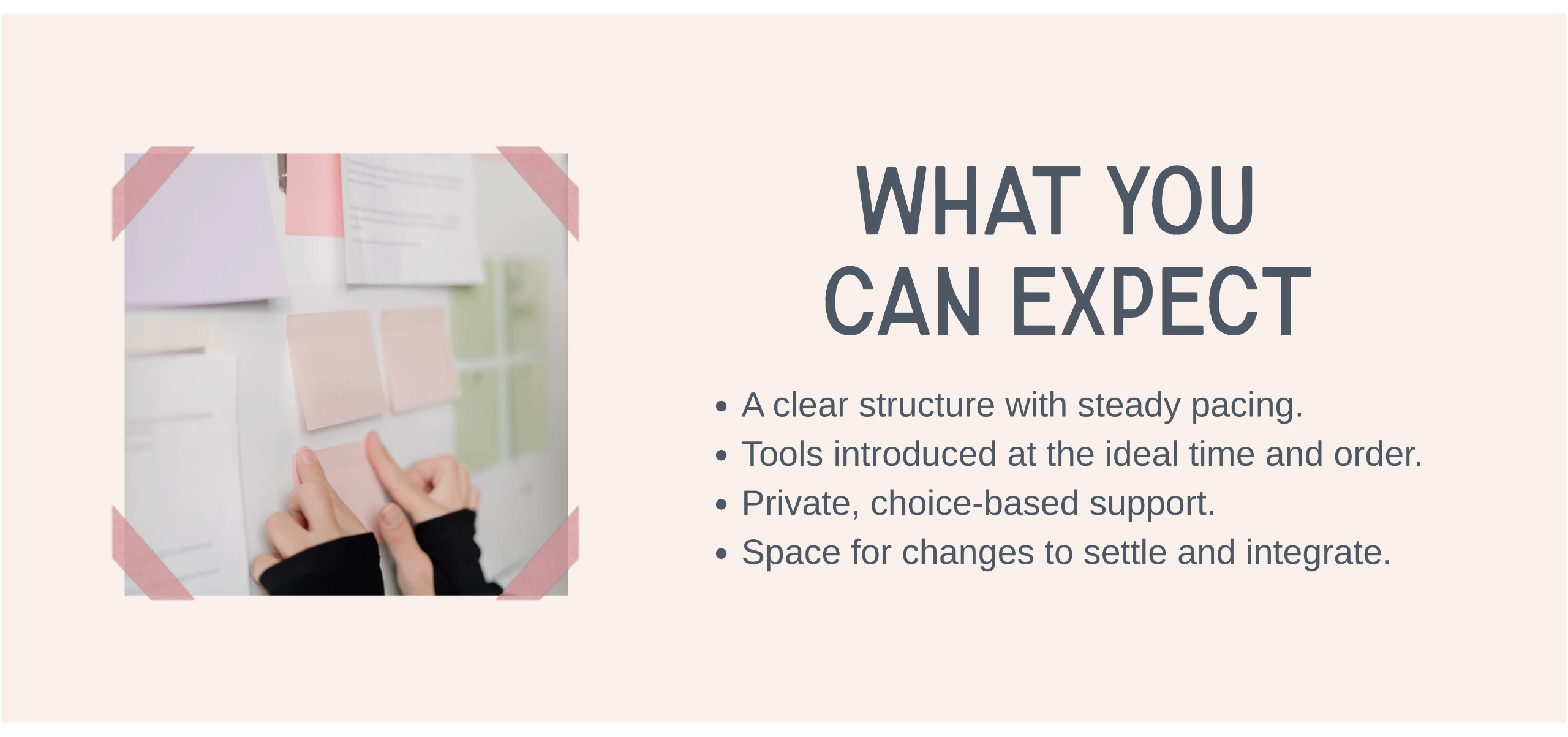 Breakthroughs Made Simple™ program overview outlining structured pacing, guided tools, private support, and space for integration and sustainable transformation.