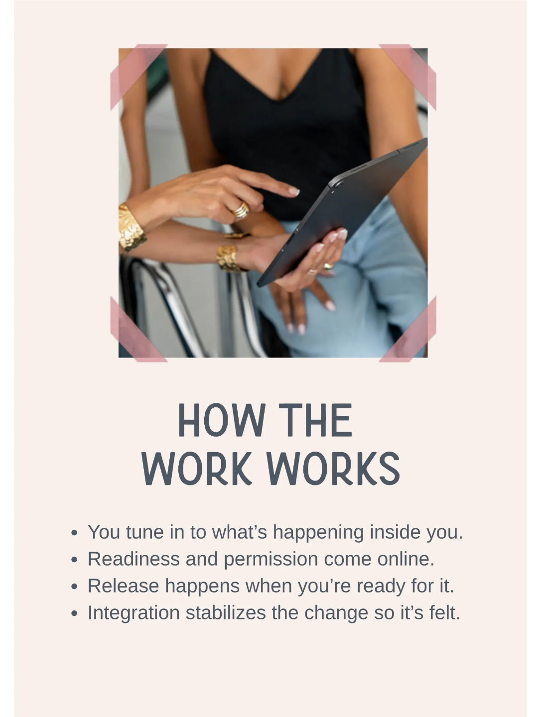 How the Work Works Breakthroughs Made Simple™ process overview showing how inner awareness, readiness, emotional release, and integration work together to create lasting personal change.