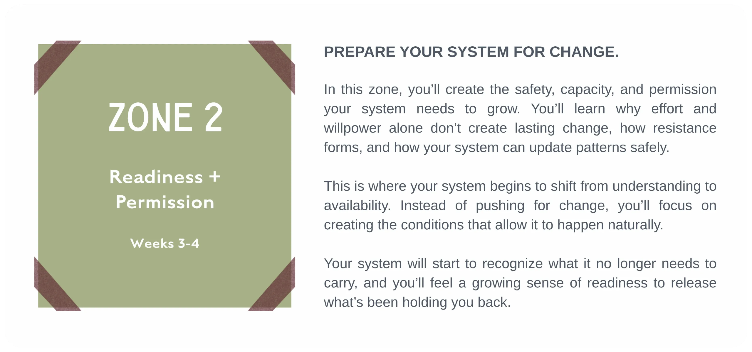 Breakthroughs Made Simple™ Zone 2 Readiness and Permission phase focused on helping growth-driven women build emotional safety, capacity, and nervous system support to create sustainable personal and business change.
