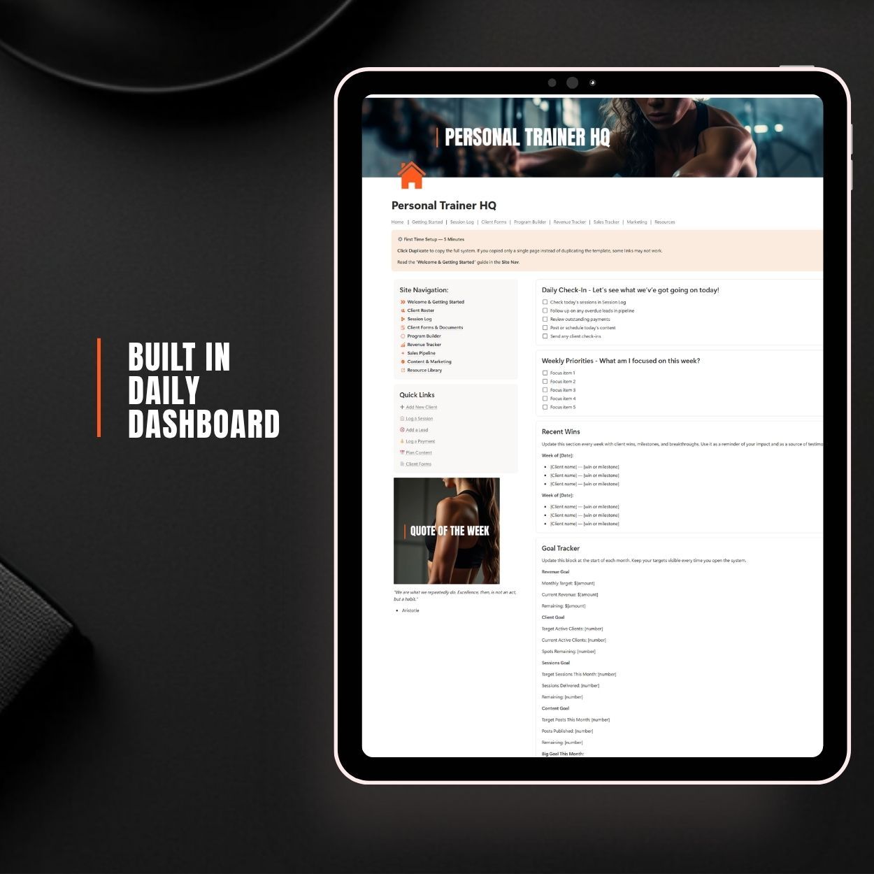 Laptop mockup showing the home dashboard of the Personal Trainer Notion Template