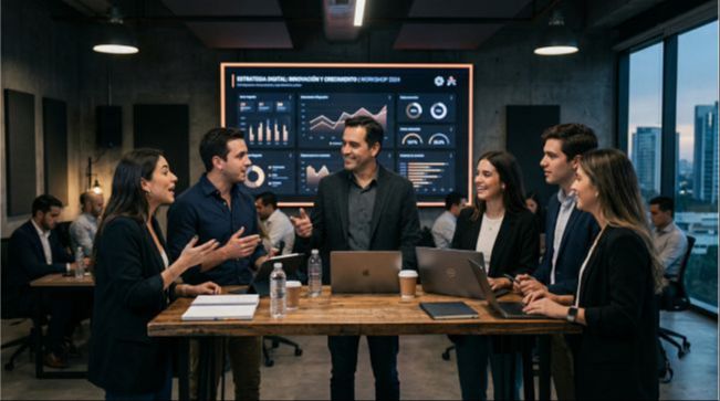Clase en directo del programa Asesor Fiscal Real Talent — alumnos debatiendo casos prácticos de contabilidad y fiscalidad con metodología activa y pensamiento crítico